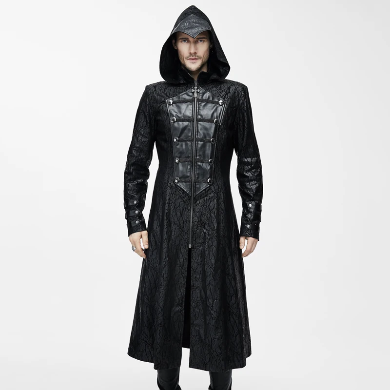 Мужская длинная куртка с капюшоном Devil черная кожаная накидка в готическом