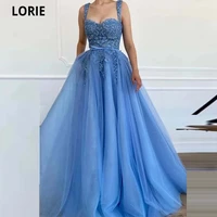 lorie exquisite 3d flowers beads blue long prom dresses 2022 sweetheart tulle bow sash floor length evening gowns with pockets