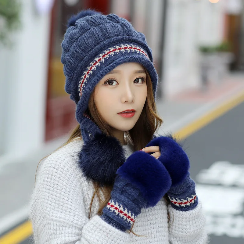 Navyblue 2pcs Зимняя шапка с кроличьим мехом, перчатки, шарф, наборы, утолщенная плюшевая шерсть, теплая шапка s, женская вязаная шапка, уличная ветрозащитная Ушная Лоскутная широкий берет-Боб - Цвет: Navyblue 2pcs