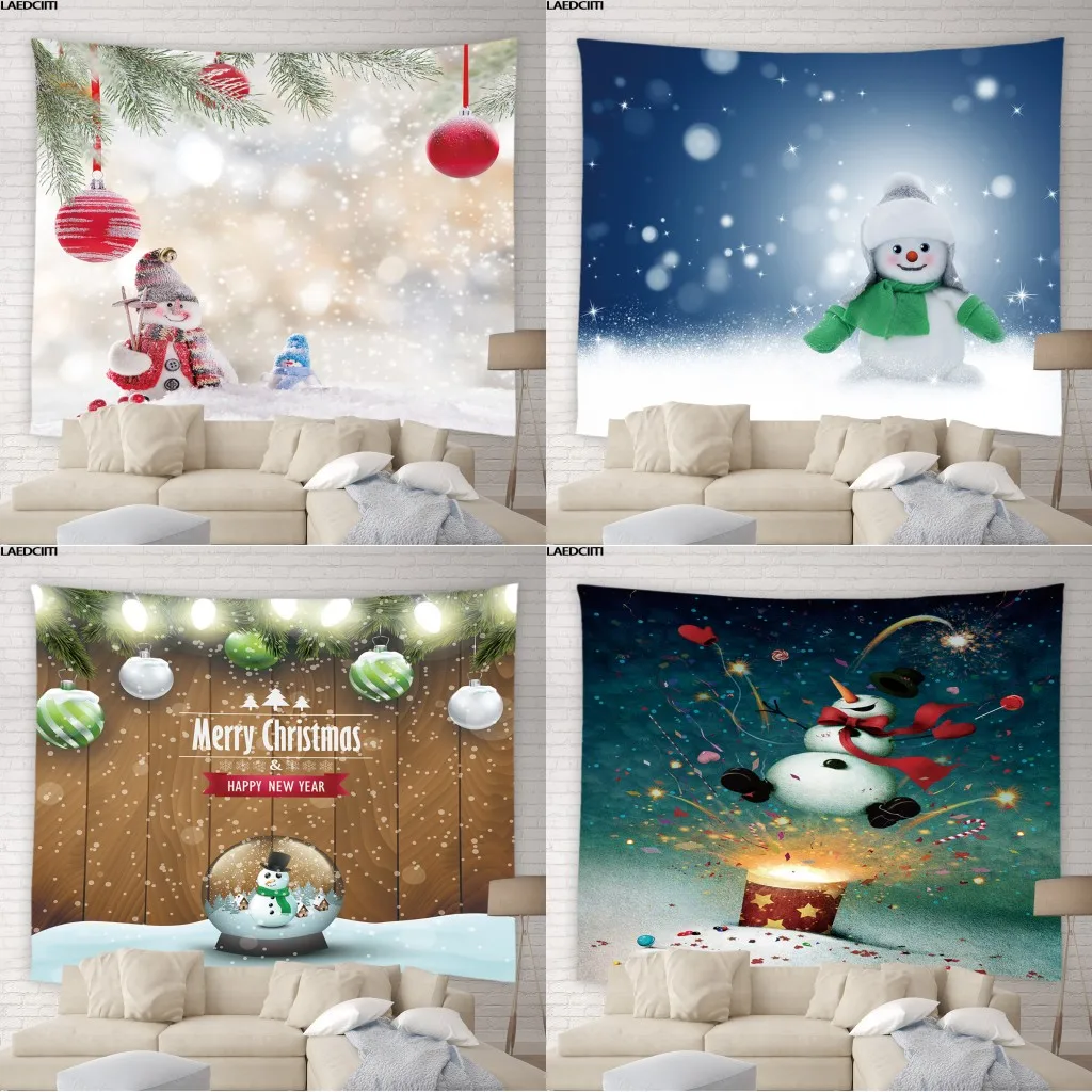 

Christmas Big Tapestry Happy New Year Party Theme Wall Hanging Snowman Winter Holiday Decor Cloth Living Room Bedroom Home Decor
