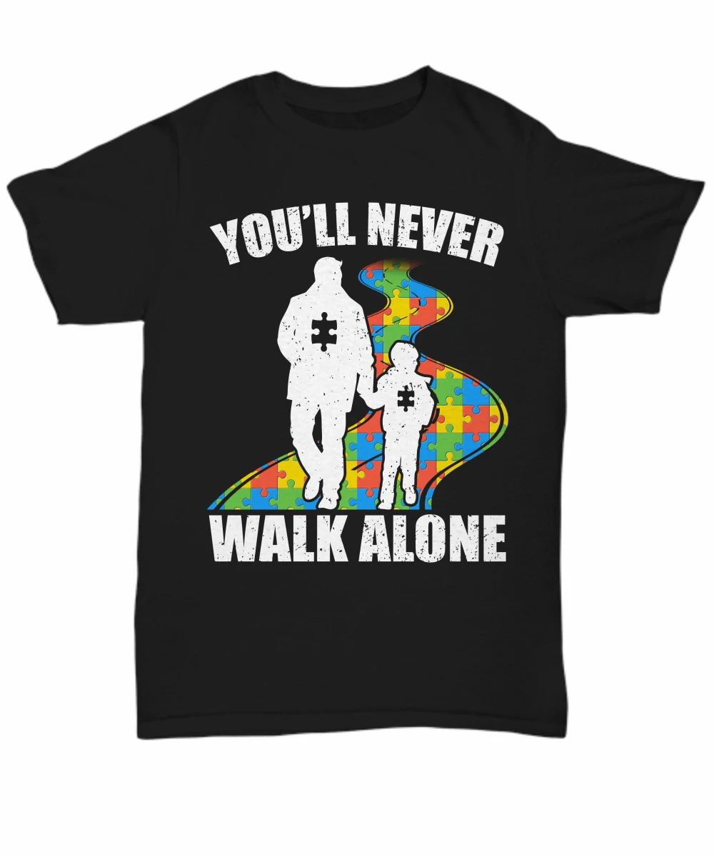 

Dad Autism Awareness T-Shirt Belief Never Walk Alone Tee Gift Grandpa Puzzles