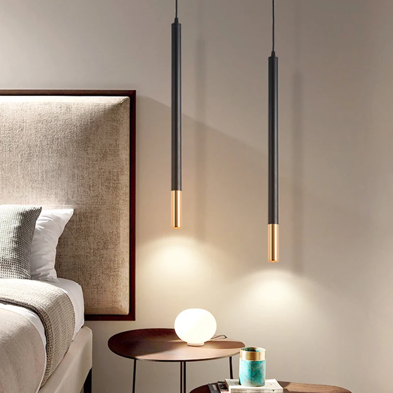 

Modern Metal Pendant Light LED Long Tube For Bedroom Livingroom Diningroom Minimalist Line Gold Adjustable Bedside Hanging Lamp