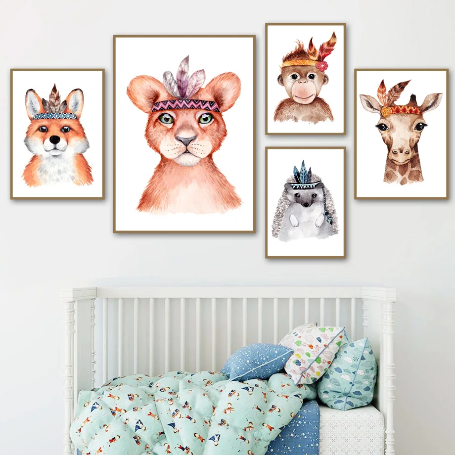 

Lion Fox Giraffe Orangutan Hippo Hedgehog Wall Art Canvas Painting Baby Kids Room Decor Nordic Posters And Prints Wall Pictures