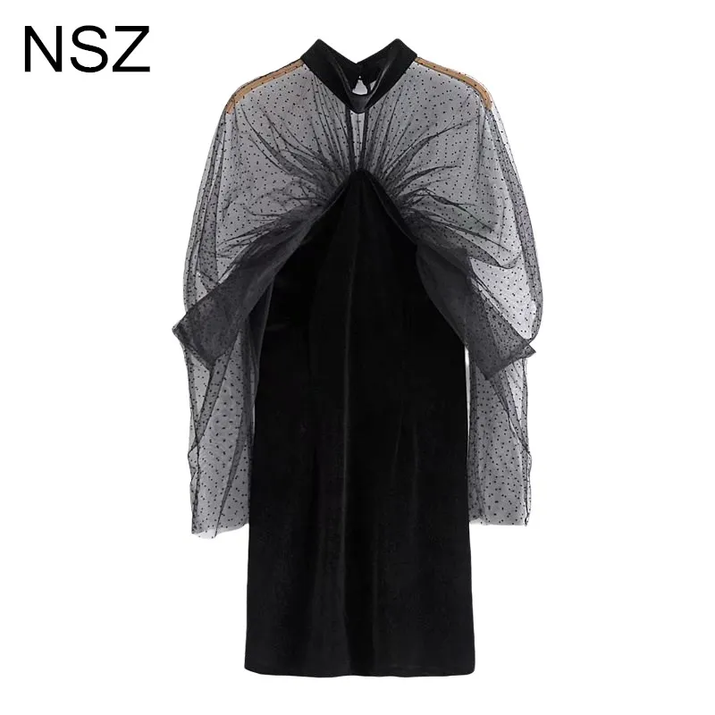 NSZ женское черное прозрачное платье с фатином в горох Разноцветные бархатные