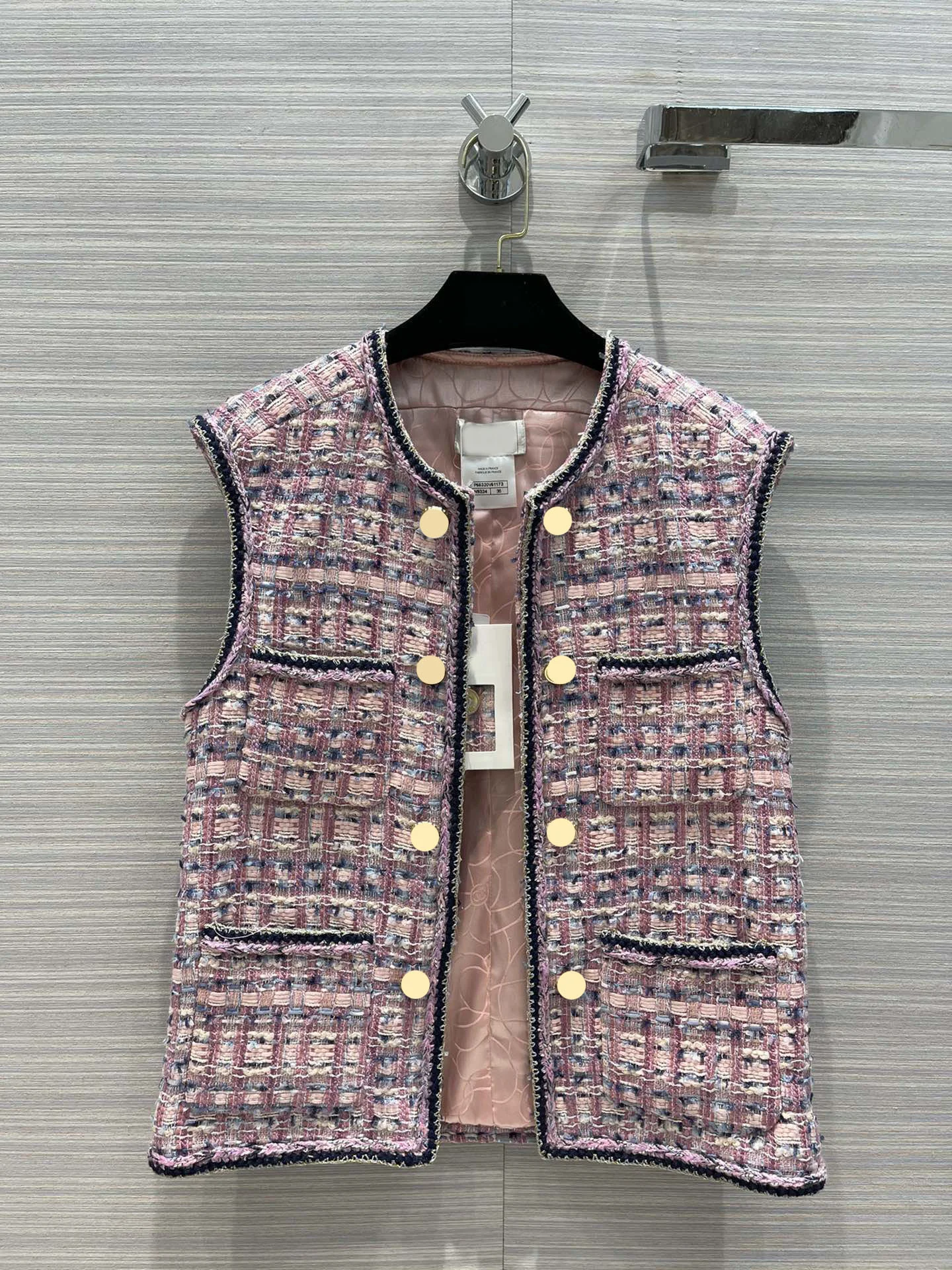 

Женское твидовое пальто с карманами, трикотажное пальто ручной вязки контрастных цветов без рукавов, осень 2021