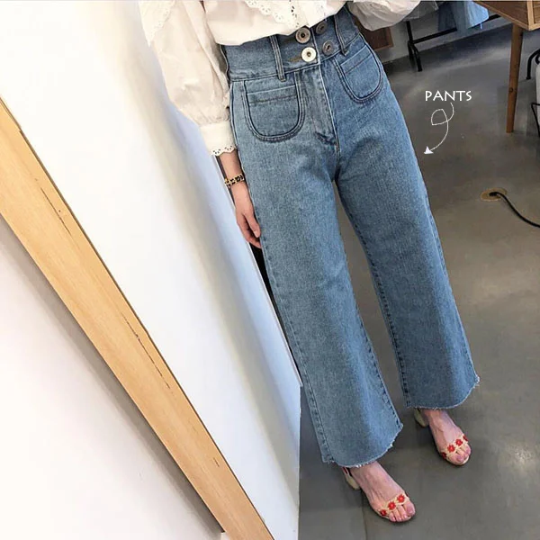 

SHZQ [ewq]spring New Vintage Ladies Simple High Waist Double Breasted Small Pockets Loose Wide Leg Jeans Pants Women Qb315