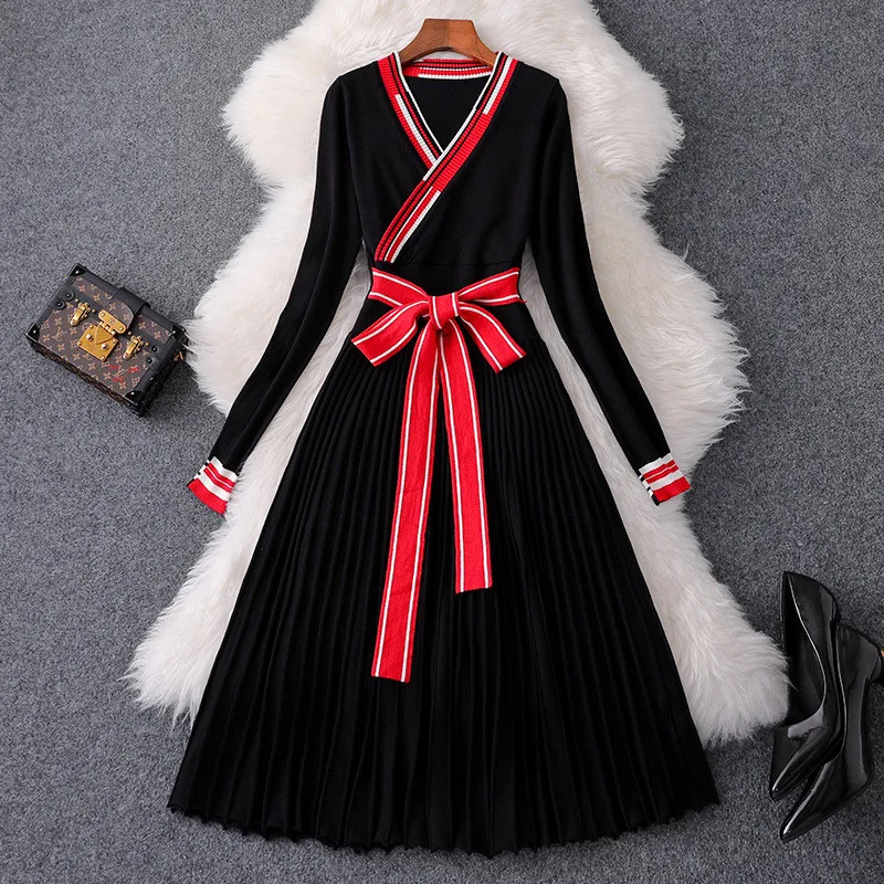 New Fashion Fall Winter Dress Woman Clothes 2019 Elegant Long Sleeve V Neck Lace Up Pleated Knitting Sweater Casual | Женская одежда