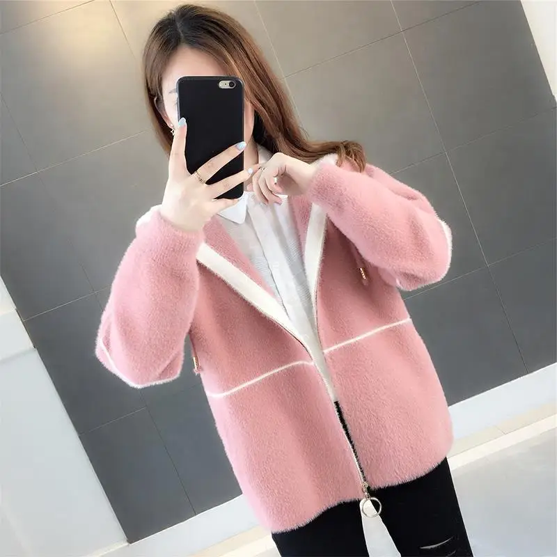 

Women 2020 Spring Autumn Solid Elegant Short Cardigans Female Casual Hooded Imitation Mink Cashmere Knitted Sweaters Coat G527