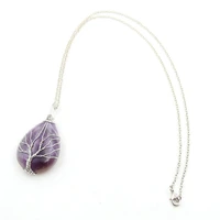 fyjs unique white k wire wrap water drop amethysts crystal pendant tree of life necklace green turquoises stone jewelry
