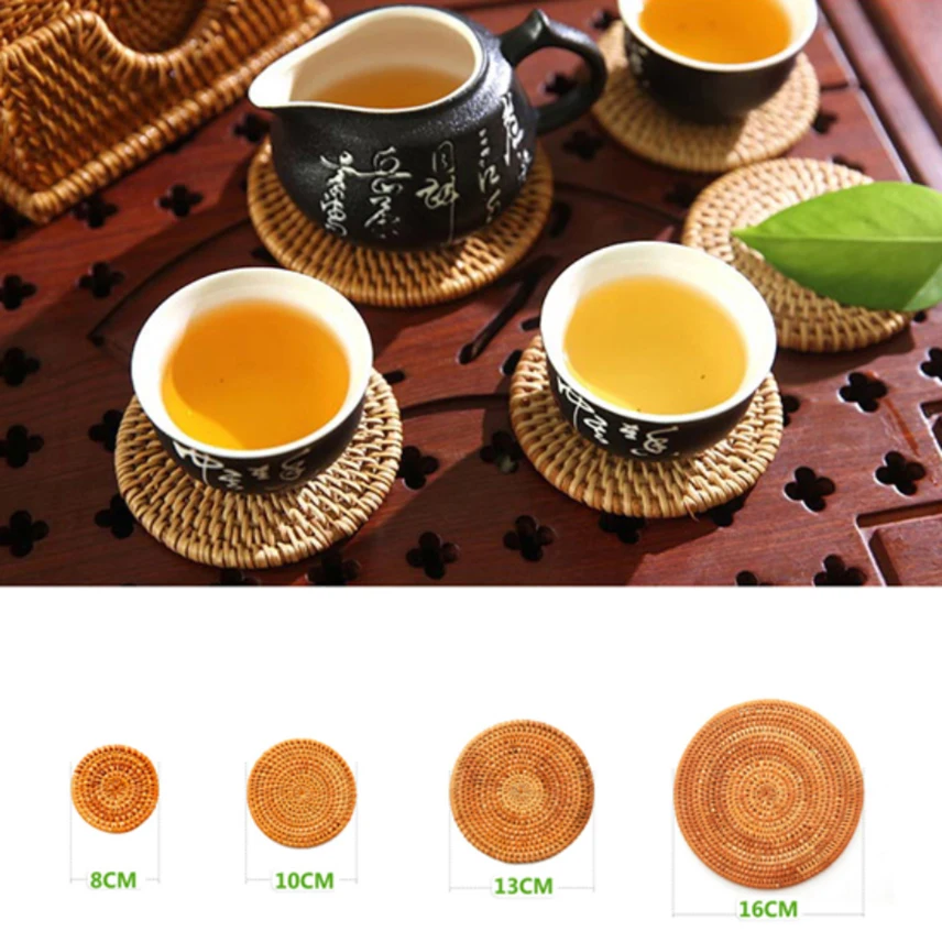 

Hand Made Weave Rattan Table Mat Round Table Placemat Vintage Coasters Hot Pad Cup Holder for Tea Trays Kitchen Small Items