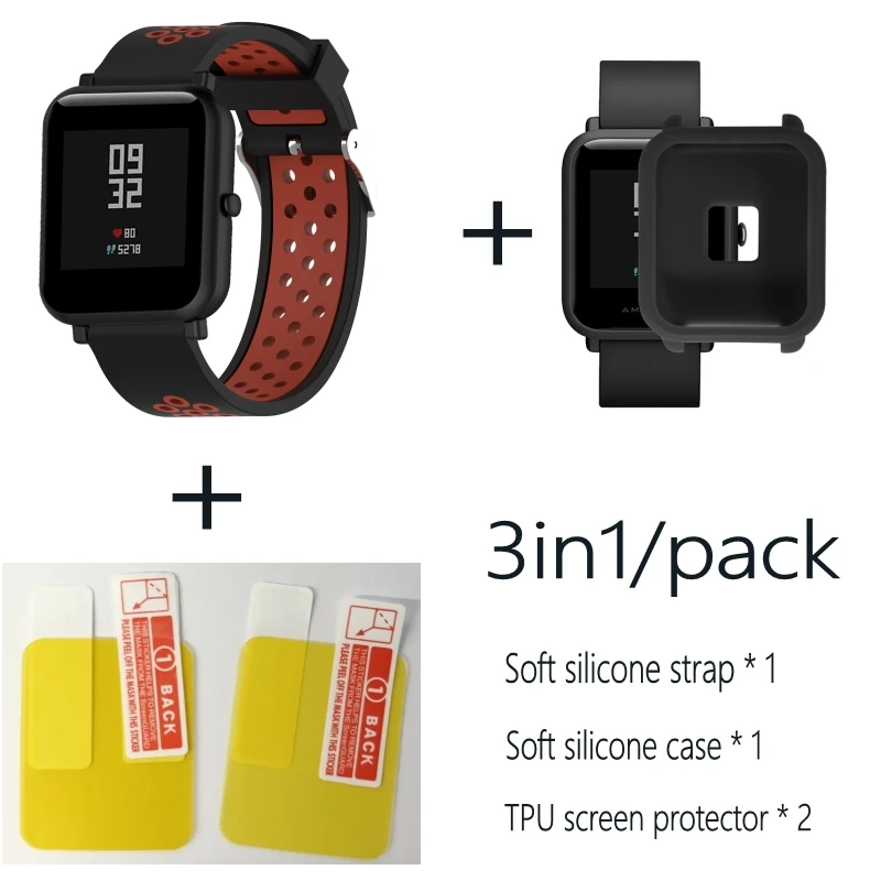 Black red-Black 3в1 Для Xiao mi Hua mi Amazfit Bit ремешок BIP PACE Lite Молодежные умные часы mi Fit braceket+ силиконовые полосы+ мягкий чехол+ 2 пленки для экрана - Цвет: Black red-Black