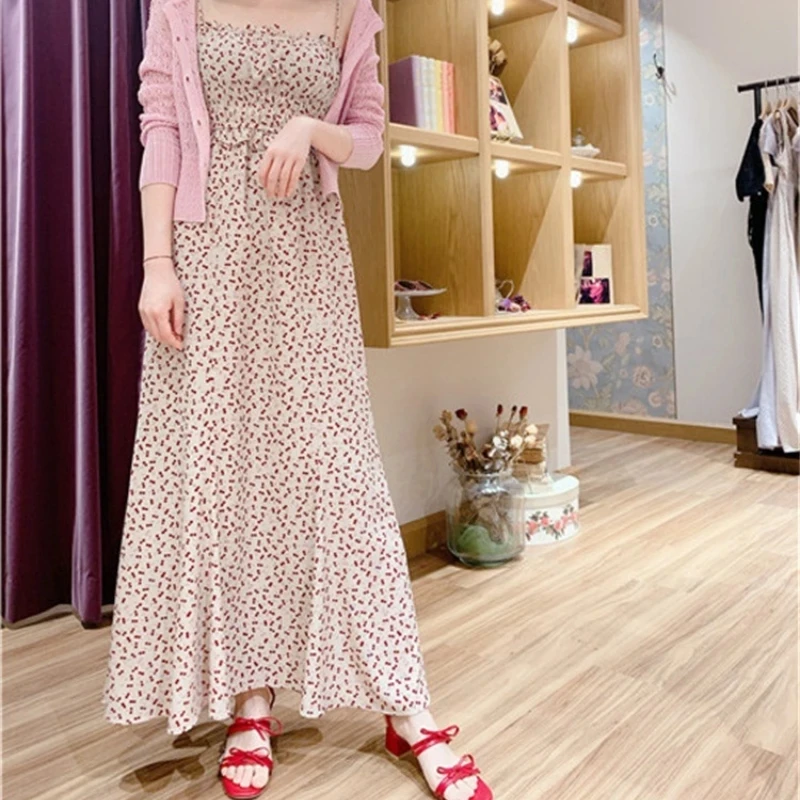 

Sweet Cherry Print Bandage Slip Women Long Dresses Pleated Fungus Slim A-line Femme Robe 2021 Summer Fashion Empire Vestidos