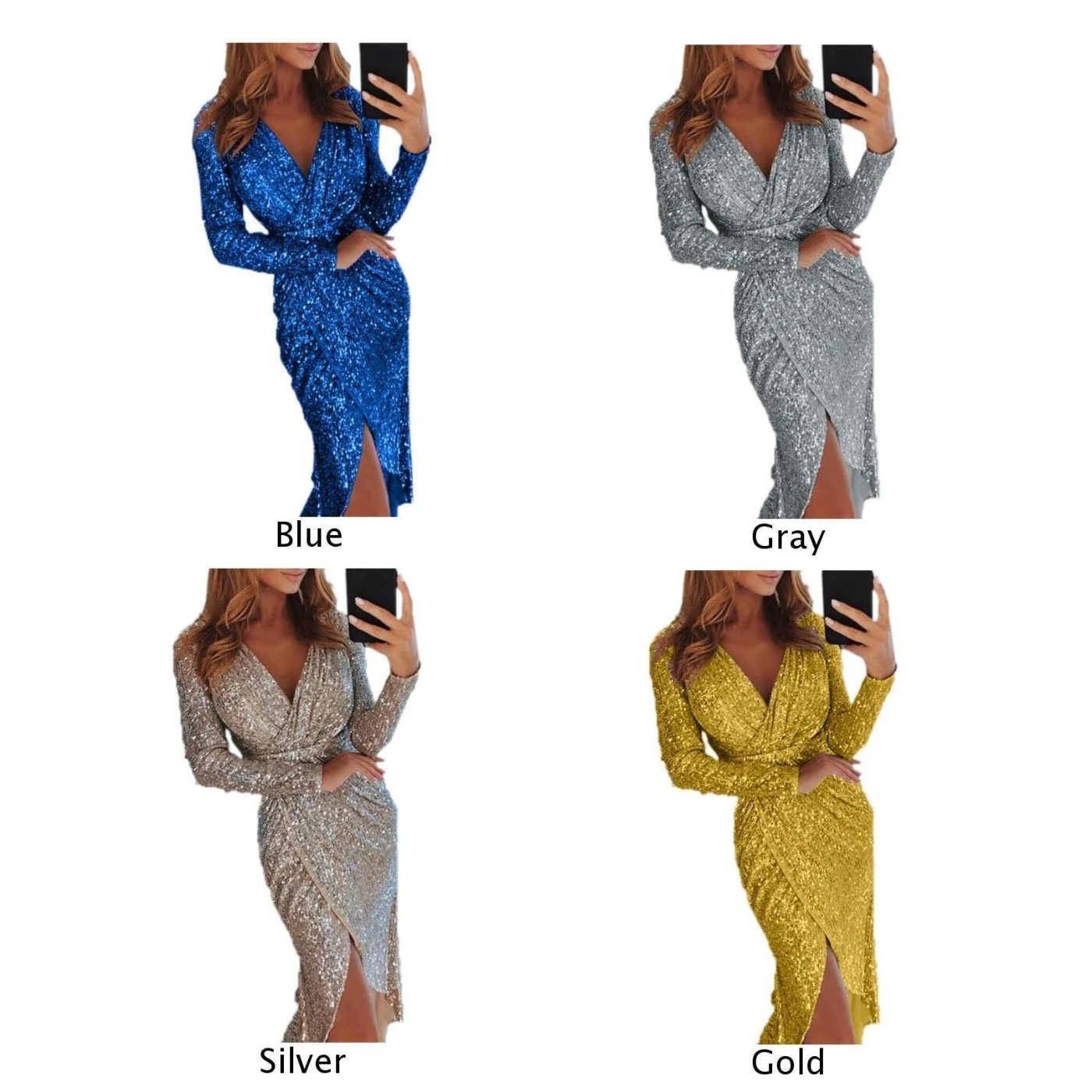 Женские блестки с длинным рукавом v-образным вырезом мерцающее платье