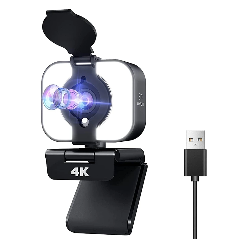 

Webcam, USB Webcam With Microphone Privacy Cover 4K UHD Built-In Ring Light Streaming Webcams For PC, MAC, Laptop