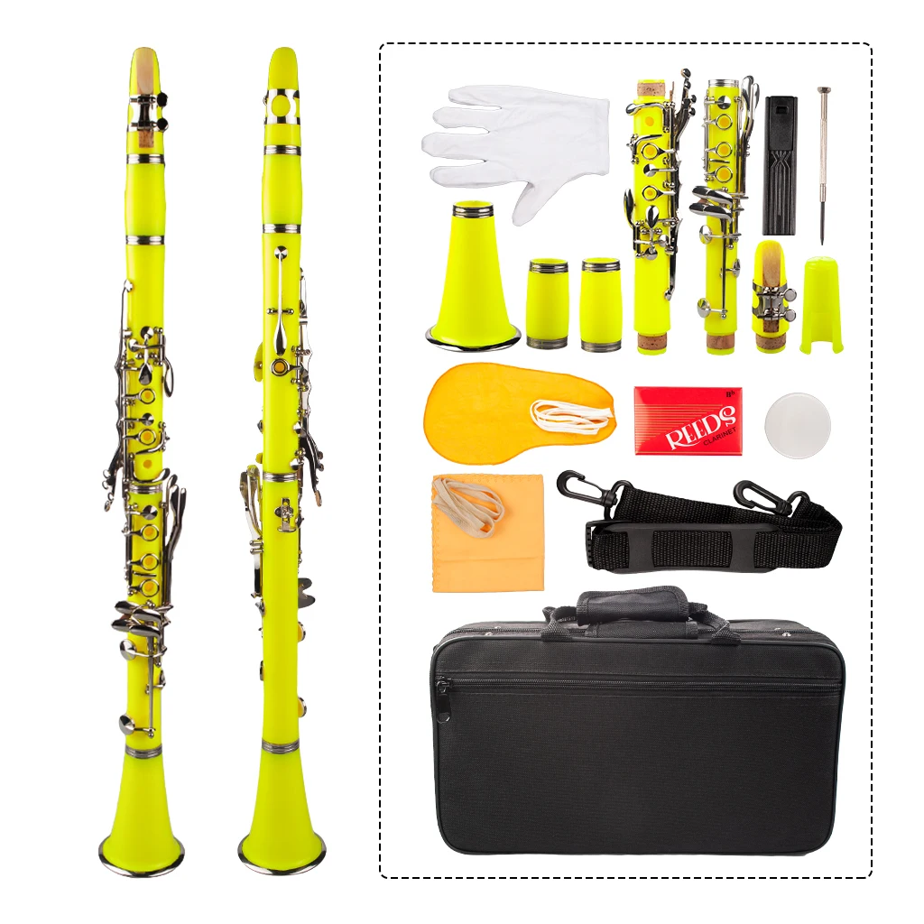 Yellow ABS Clarinet Bb Cupronickel Plated Nickel 17 Key with Cleaning Cloth Gloves Screwdriver Woodwind Instrument enlarge