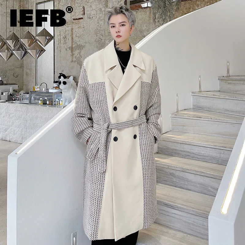 

IEFB Menswear Fashion Color Block Spliced Trench Coat 2022 New Loose Double Breasted Thick Autumn Winter fit Windbreaker