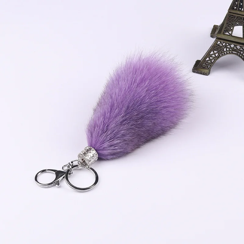 lavender Роскошный 13 см Пушистый натуральный Лисий Мех Хвост помпоны натуральный мех помпон металлический брелок для ключей кольцо Подвеска для женщин f278 - Color: lavender