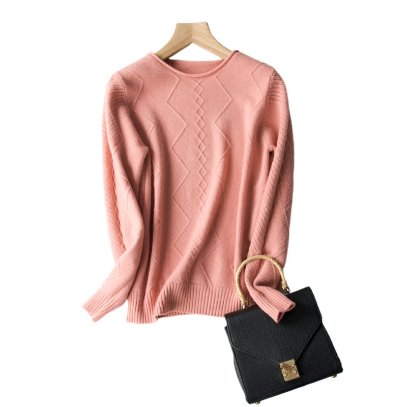 GCAROL New Women O Neck Curled Rhombic Sweater Fall Winter 30% Wool Cashmere Thick Jumper Stretch Warm OL Knitted Pullover S-3XL