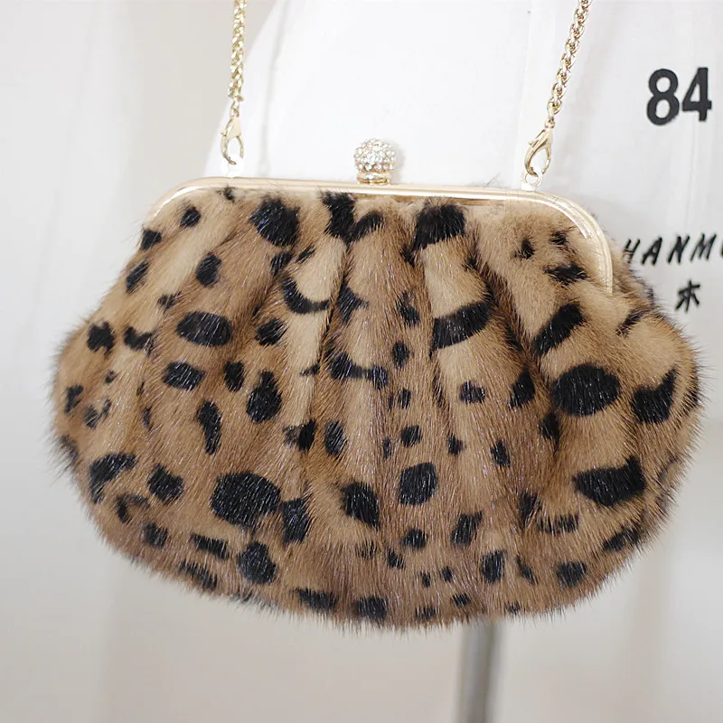 

Новая сумка-мессенджер из цельной кожи с норковым мехом, женская сумка с цепочкой, модная сумка для ужина, Сумка с ремнем для денег, леопардо...