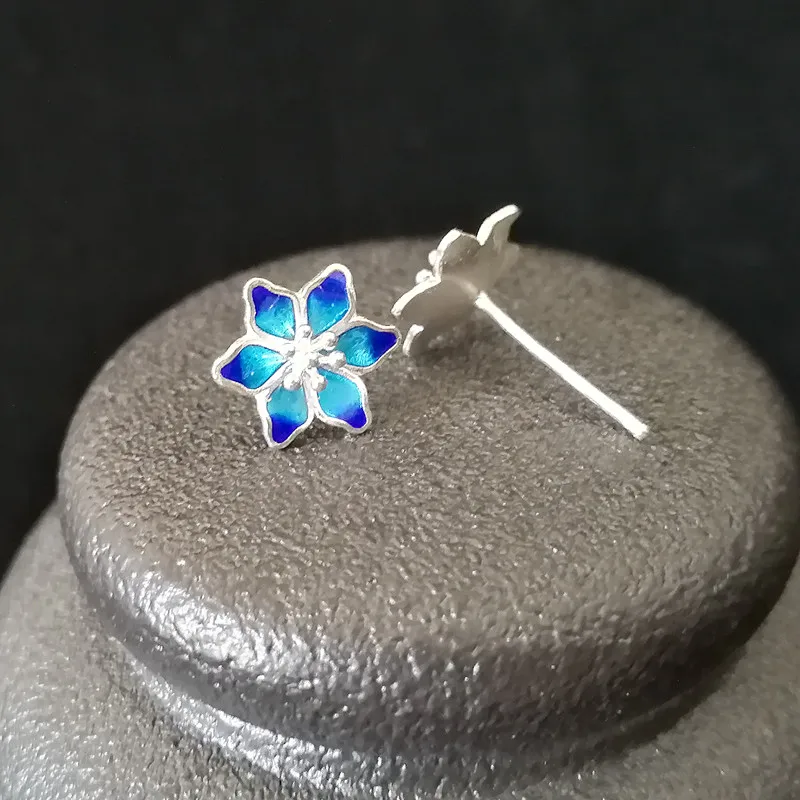 Женские серьги-гвоздики из стерлингового серебра 999 пробы с голубым цветком