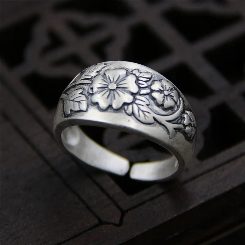 

Buyee 100% 925 Sterling Silver Ethnic Style Ring 13mm Exquisite Carving Plum Blossom Vintage Open Ring Women Antique Jewelry