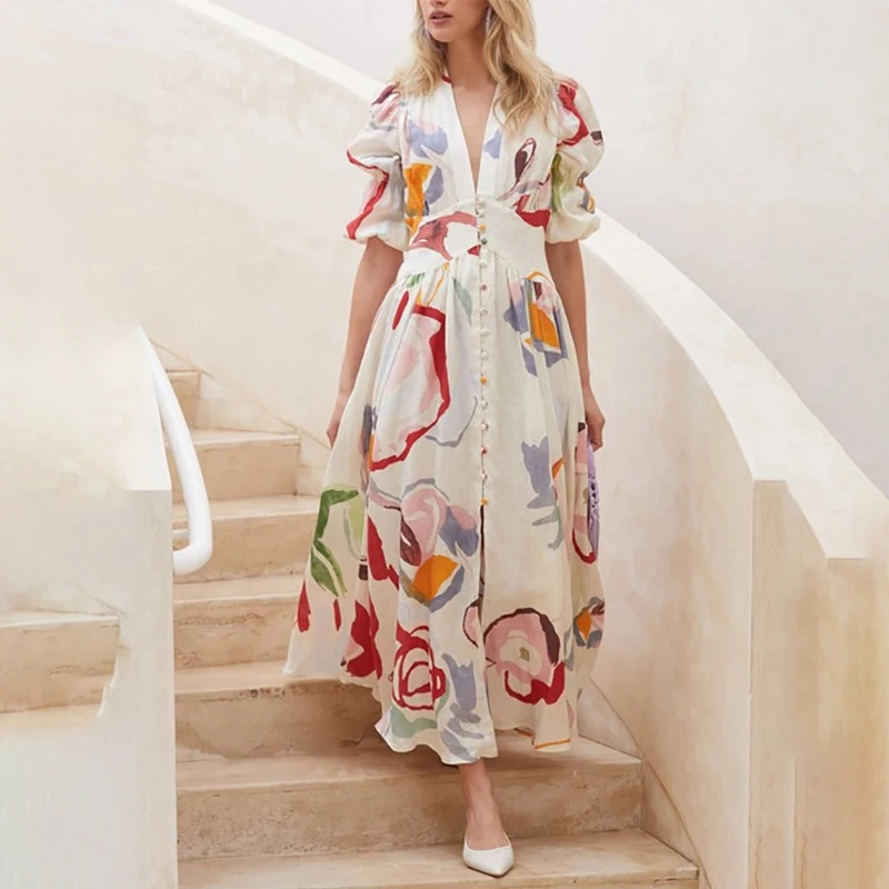 

MD 3XL Plus Size Women Dresses African Print Floral Boho Long Dress Chiffon Summer Clothes Kaftan Gown Robe Femme Africaine 2021