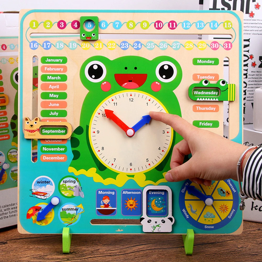 

Montessori детские образовательные игрушки мультфильм деревянная лягушка календарь часы календарь время познавательная соответствия игрушки ...