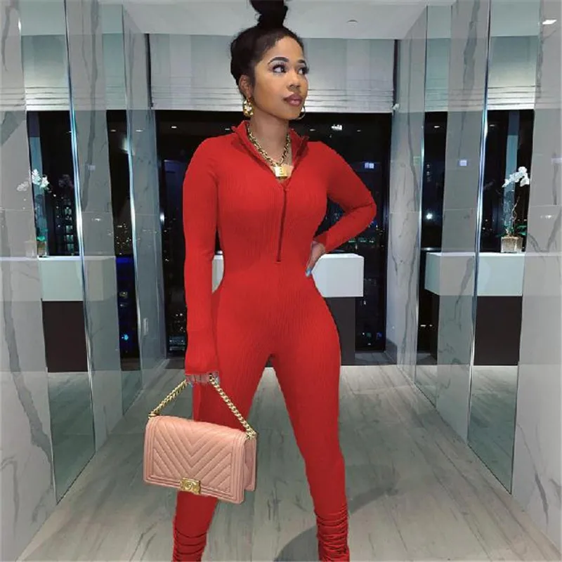 

Women Slim Fit Playsuit Zipper Front Long Sleeves Long Pants Solid Color Jumpsuit Female Bodycon Playsuit Spring Fall Rompers