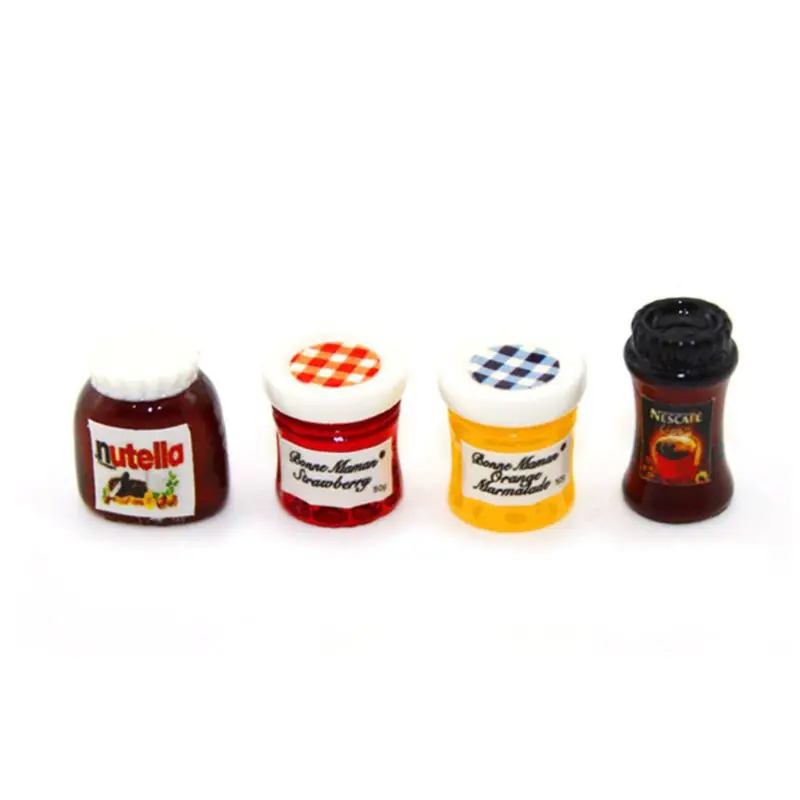 

4pcs/set Jar Ketchup Sauce Jam Salad Mini Coffee Kitchen Accessories for 1:12 Dollhouse Miniature Dinner House Q0KB