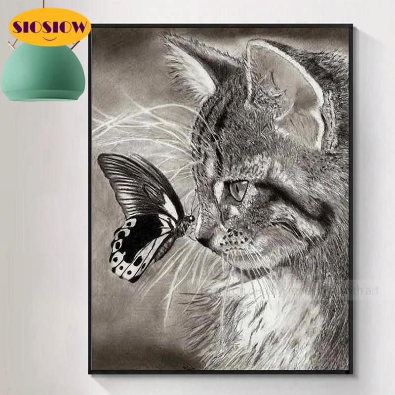 5d Diy Алмазная вышивка крестиком черно-белая кошка бабочка полная круглая дрель