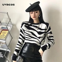 korean fashion jumper women fall 2021 vintage zebra striped round neck long sleeve knitted sweater pullover knitwear tops