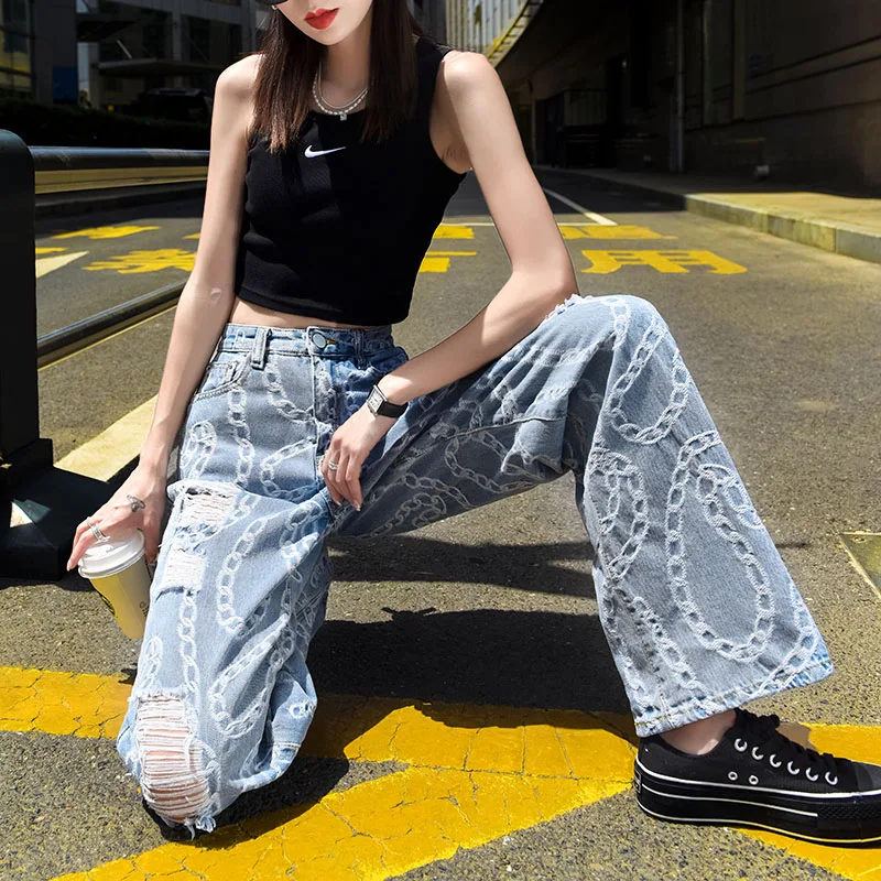 

Streetwear Trendy Jeans Women Fashion Jacquard High-waisted Wide-leg Straight-leg Pants Female Loose Holes Denim Trousers 2021
