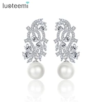luoteemi luxury unique chic big white simulated pearl drop earrings white color cz vintage wedding brincos jewelry for women