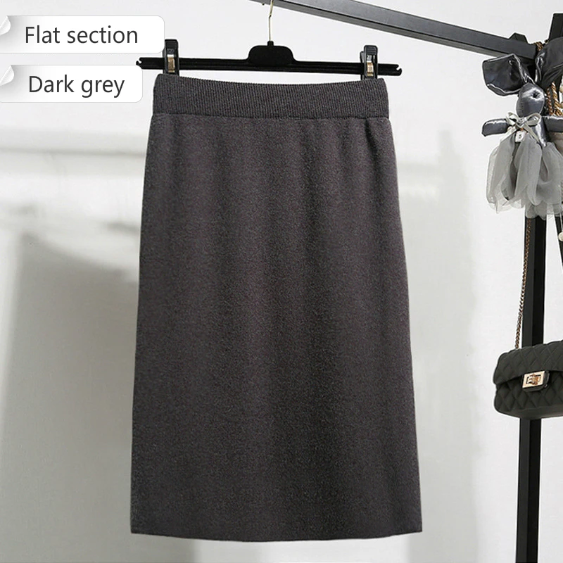 Dark grey flat Осенняя и зимняя юбка средней длины с высокой талией, облегающая нижняя часть, открытая бедра и вязанная одношаговая юбка, Женская юбка-бандаж - Цвет: Dark grey flat
