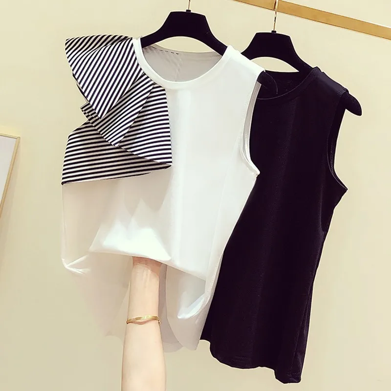 

Sleeveless Tshirt Woman 2020 Summer Wear New Elegant Stripes Flounced Joint Sleeveless Crew Neck Tshirt Women's Casual Tee Tops