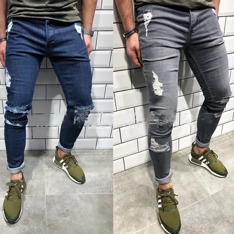 2019 Летние Осенние мужские потертые рваные джинсы прямые винтажные на молнии