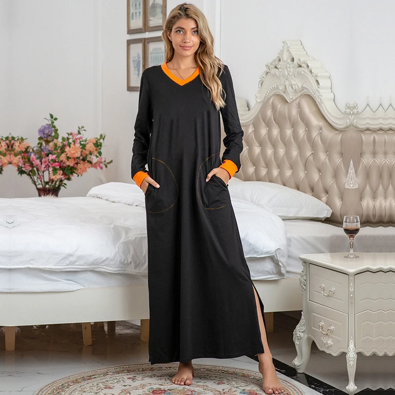 

Maxi Cotton Loose Long Sleeve Women Nightdress V-Neck Split Pockets Female Nightgown 2021 Spring Casual Soft Ladies Home Dress