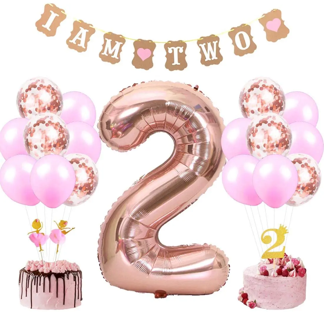 

2nd Birthday Party Decorations Balloon Set for Baby Girl with I Am Two Banner Number 2 Foil Balloons Dancing Girl Cake Toppers