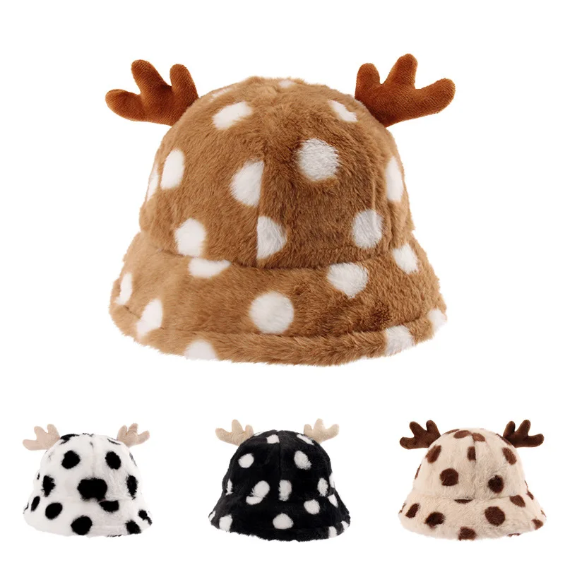 

Autumn and winter season new super lovely ladies spotted antler fisherman hat Korean print fashion plush thick warm bucket hat