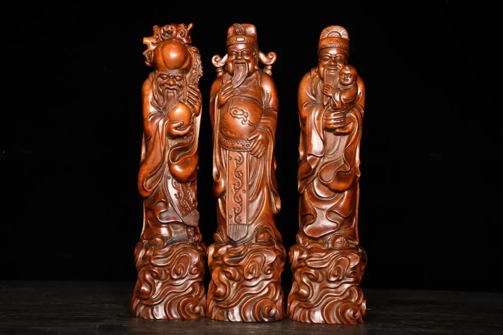 

10" China Lucky Seikos Boxwood God of Wealth Statue Fu Lu Shou statue Implication Fushou Shuangquan Good fortune