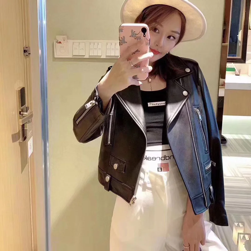 JAZZEVAR 2022 Classic High Fashion Street Women Real Sheep Skin Leather Jacket Black Genuine Leather short Motorcycle Jackets
