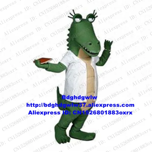 Зеленый костюм маскота взрослого крокодила Ali Gator Dr. из мультфильма Грин.