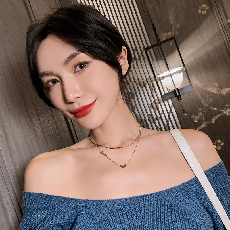 

Titanium Stainless Steel Korean Pendant Necklaces for Women Double Layered Chains Heart Shape Girl's Sexy Party Jewelry New