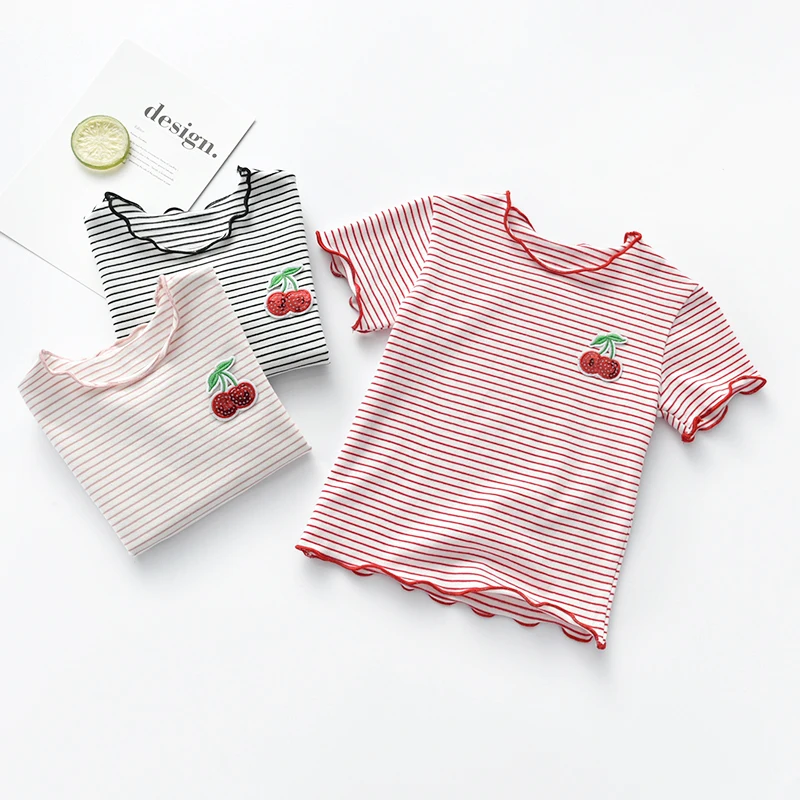 

Baby Girls sequined t-shirt 2021 summer cherry cotton short-sleeved striped casual tops stretch top tees