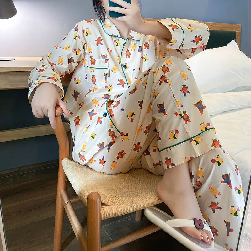 QWEEK Kawaii Pajamas Two Piece Set Spring Autumn Teen Girls Sleepwear Bear Pijamas Loungewear Bedroom Set Pyjamas Nightwear Cute