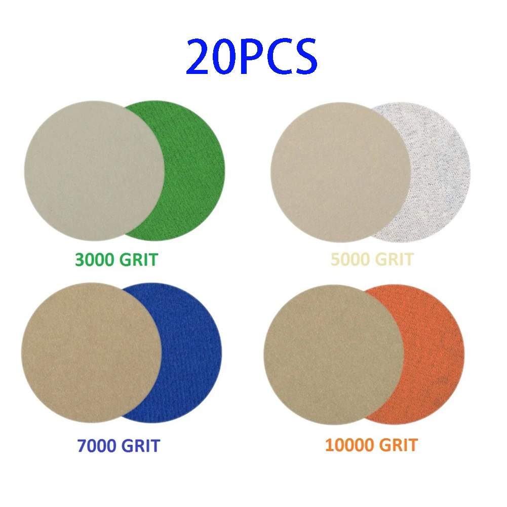 

20Pcs Hook&Loop Wet/Dry Sanding Discs 4inch 3000 5000 7000 10000 Grit Sandpaper Disc Flocking Back Velvet Sanding Paper