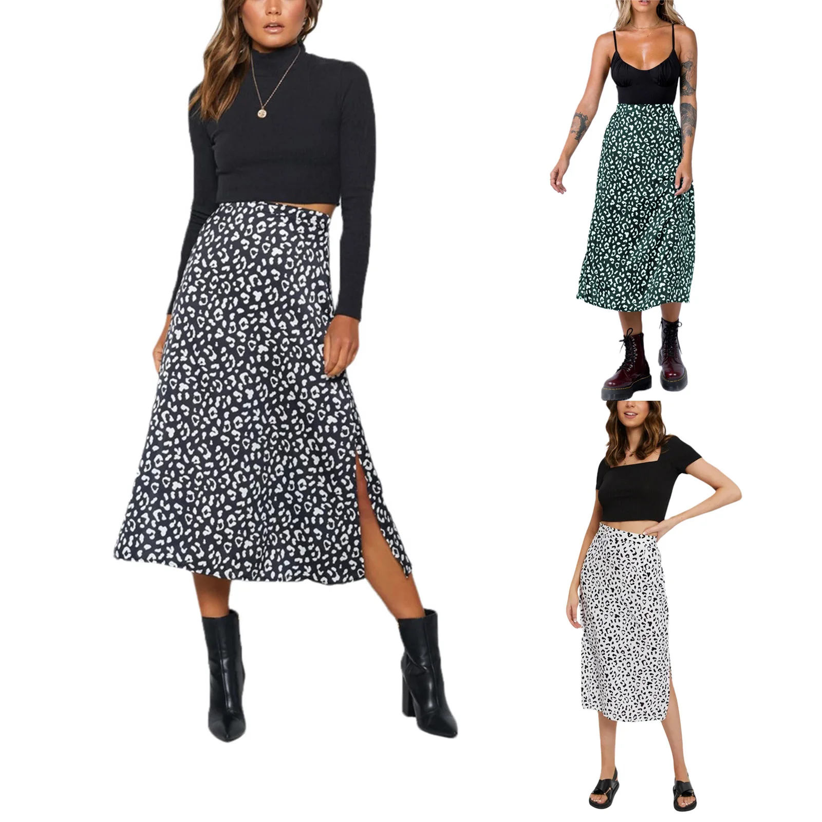 

Women Casual Sexy Split Skirt, High Waist Leopard Printed Pattern Long Dress, Black/ White/ Green