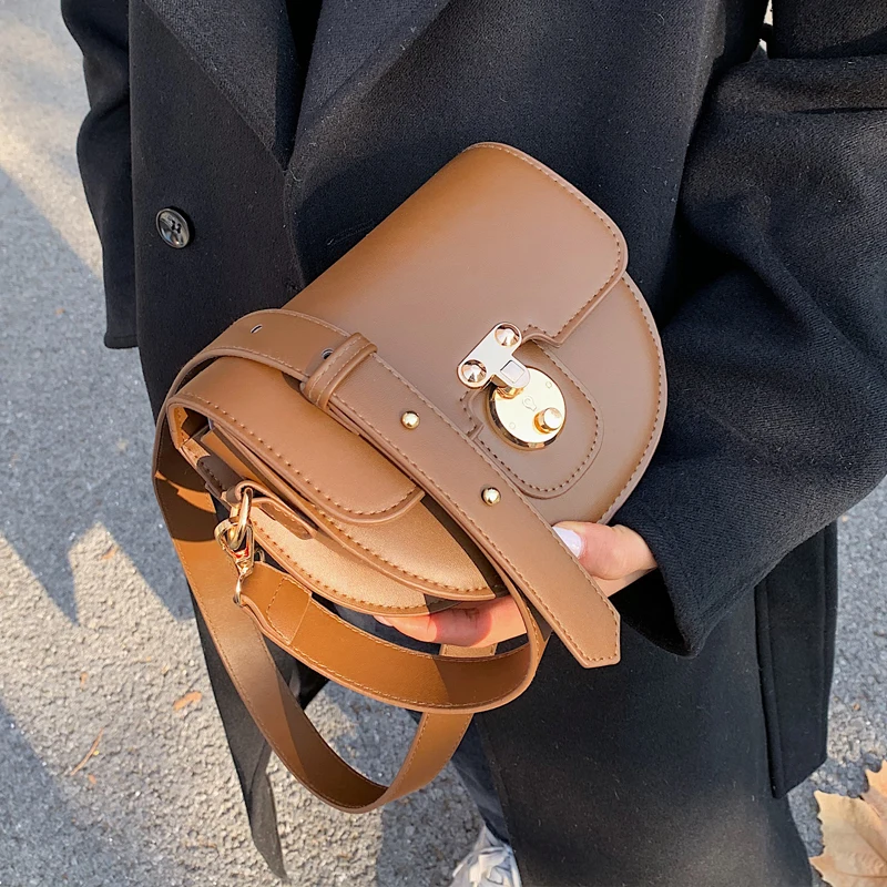 

Vintage Pure Color Mini Saddle Bag 2020 Winter High Quality Leather Women's Designer Handbag Lock Shoulder Crossbody Purses