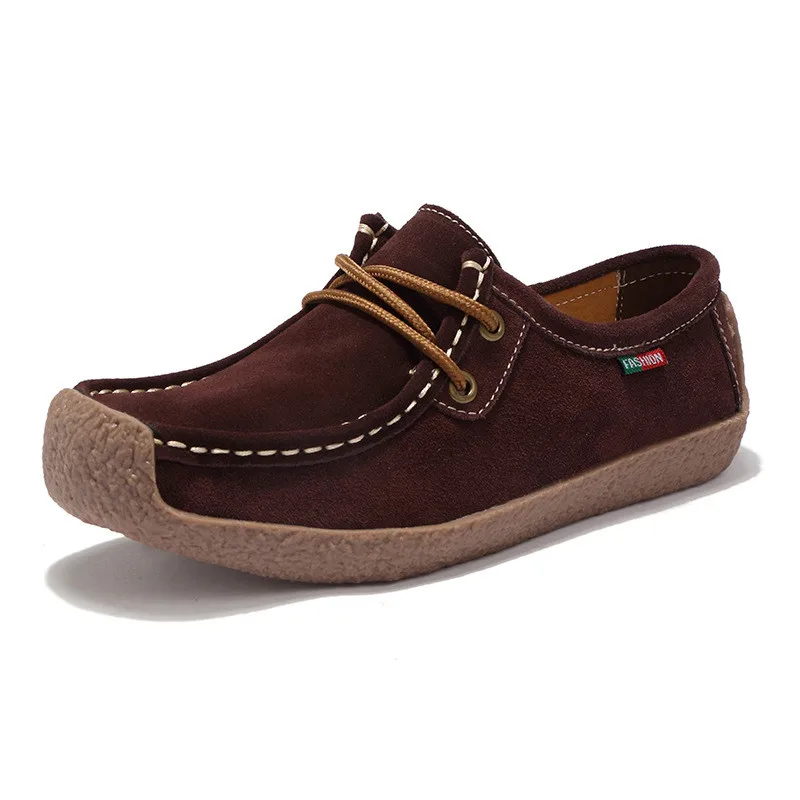 

Spring Autumn Genuine Leather Suede Women Soft Boat Shoes For Ladies Non-Slip Sturdy Square Toe Lace-Up Flats Loafers Moccasins