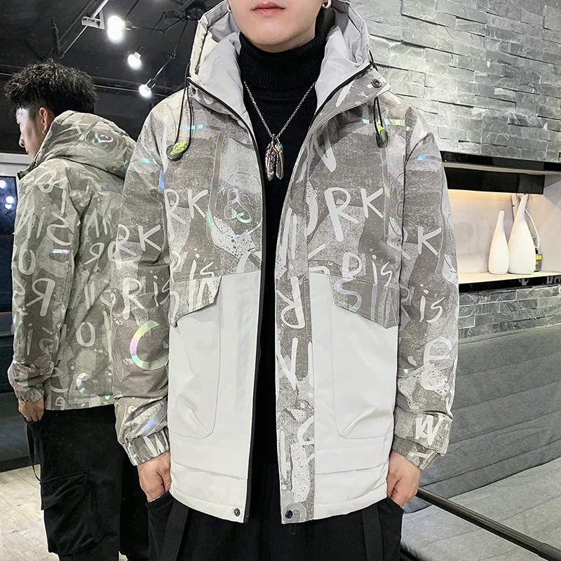 

2021 Winter 90% White Duck Down Reflective Jacket and Coat -20 Temperature Hoody Windbreaker Casual White Coat Men HIP HOP